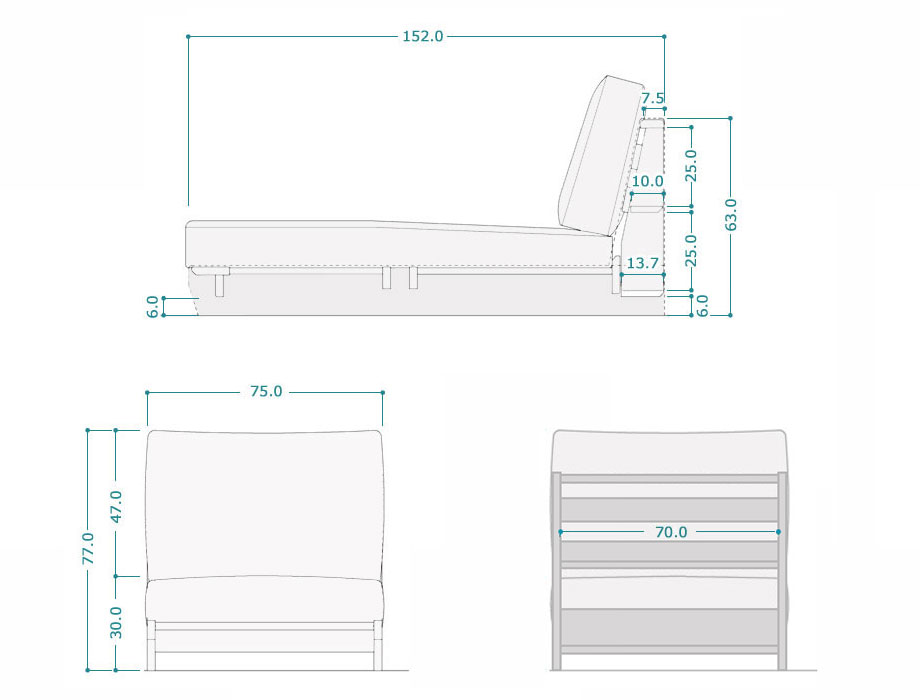 Haabe （ハーベ）ロングシュー カウチソファー   幅75cm｜サイズ詳細図
