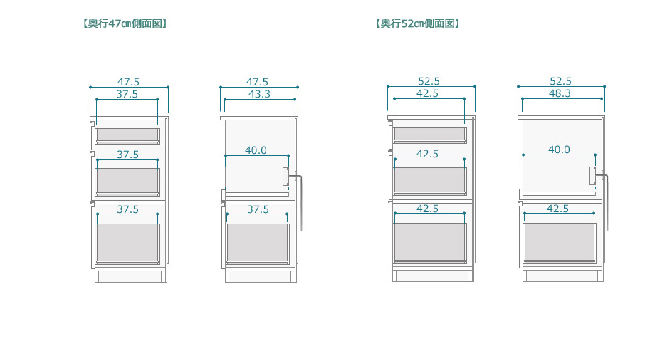 セミオーダーキッチンカウンターLASCO 3段チェスト・家電収納 サイズ図