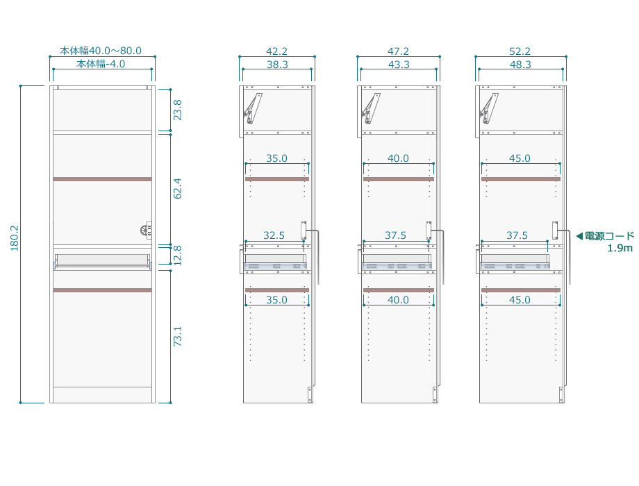 セミオーダーレンジ台LASCO ゴミ箱収納 サイズ図