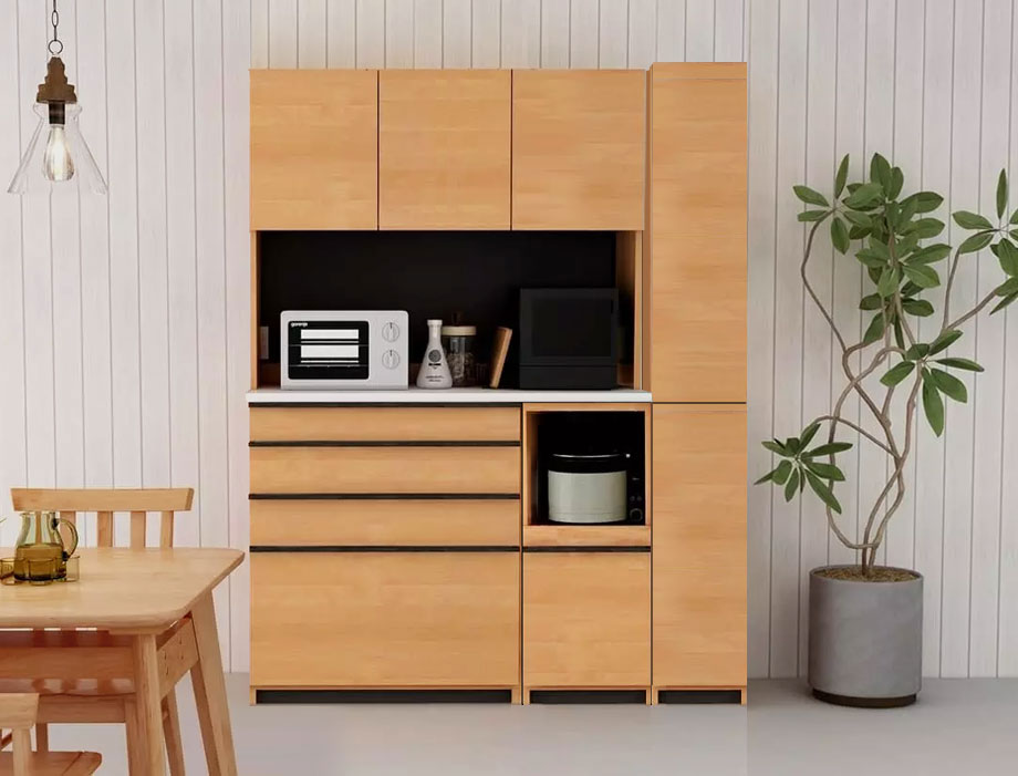 人工大理石天板のレンジ台 60cm幅  Kiuru  家電収納スライド棚 上棚付き｜ナチュラル色