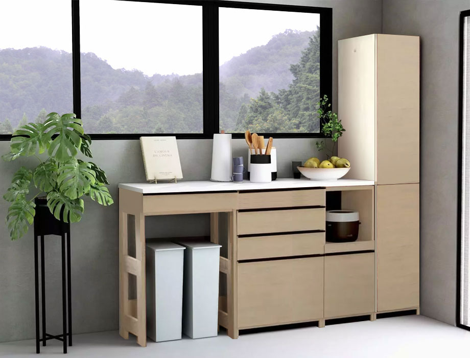 人工大理石天板のレンジ台 60cm幅  Kiuru  家電収納スライド棚 上棚付き｜ペールオーク色
