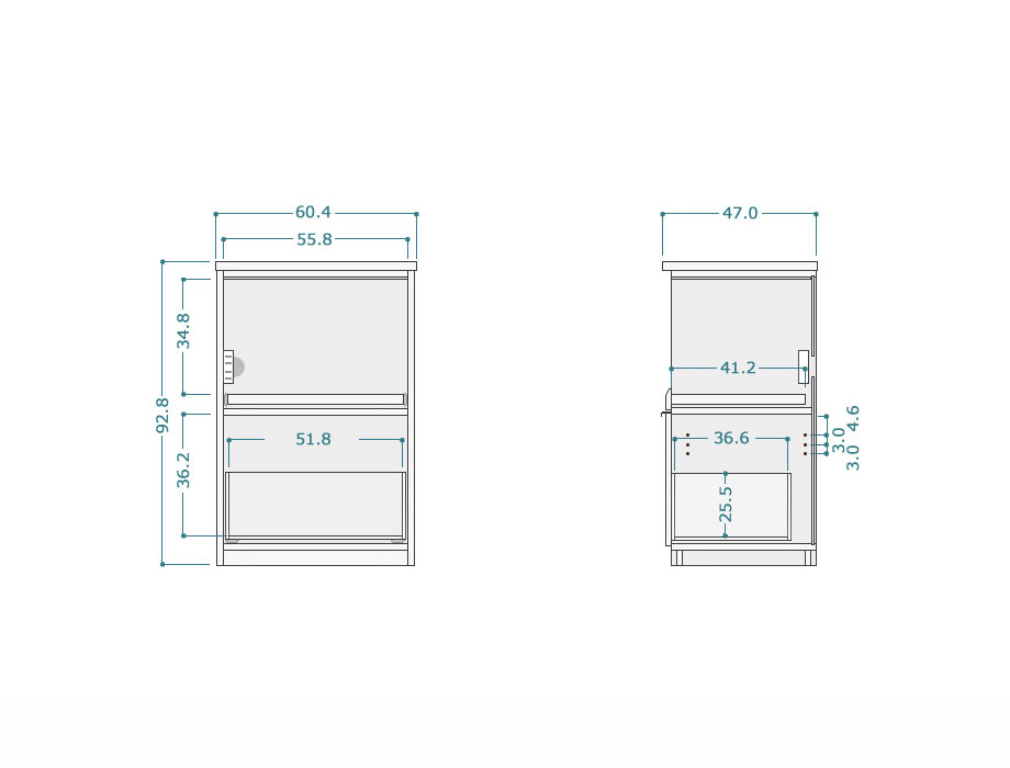 人工大理石天板のレンジ台 60cm幅  Kiuru  家電収納スライド棚付 ロータイプ｜サイズ詳細図