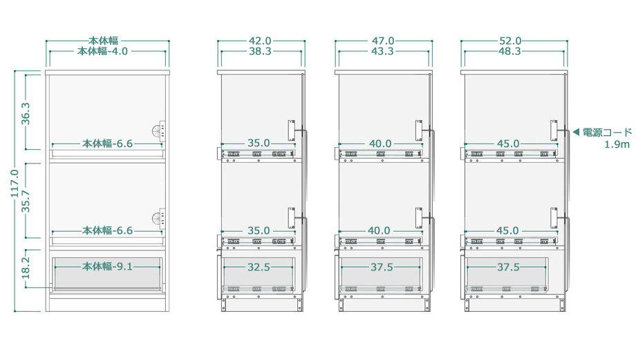 セミオーダーレンジ台LASCO 2段家電収納 サイズ図