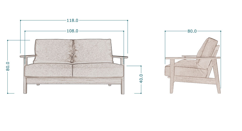 Noran （ノーラン）ソファー  2人掛け 幅118cm｜サイズ詳細図