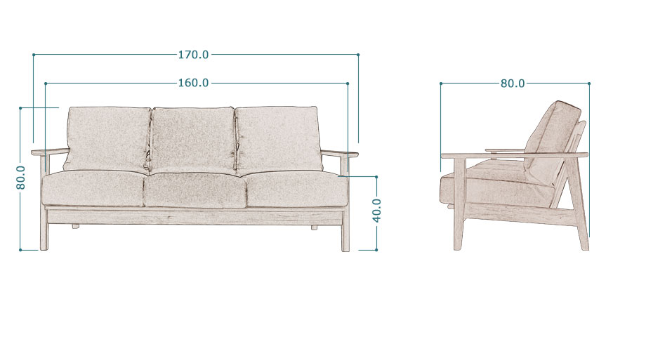 Noran （ノーラン）ソファー  3人掛け 幅170cm｜サイズ詳細図