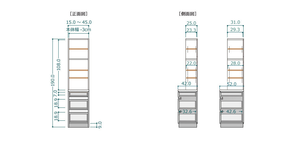 セミオーダーサニタリー収納SUNNY（サニー）サイズ図